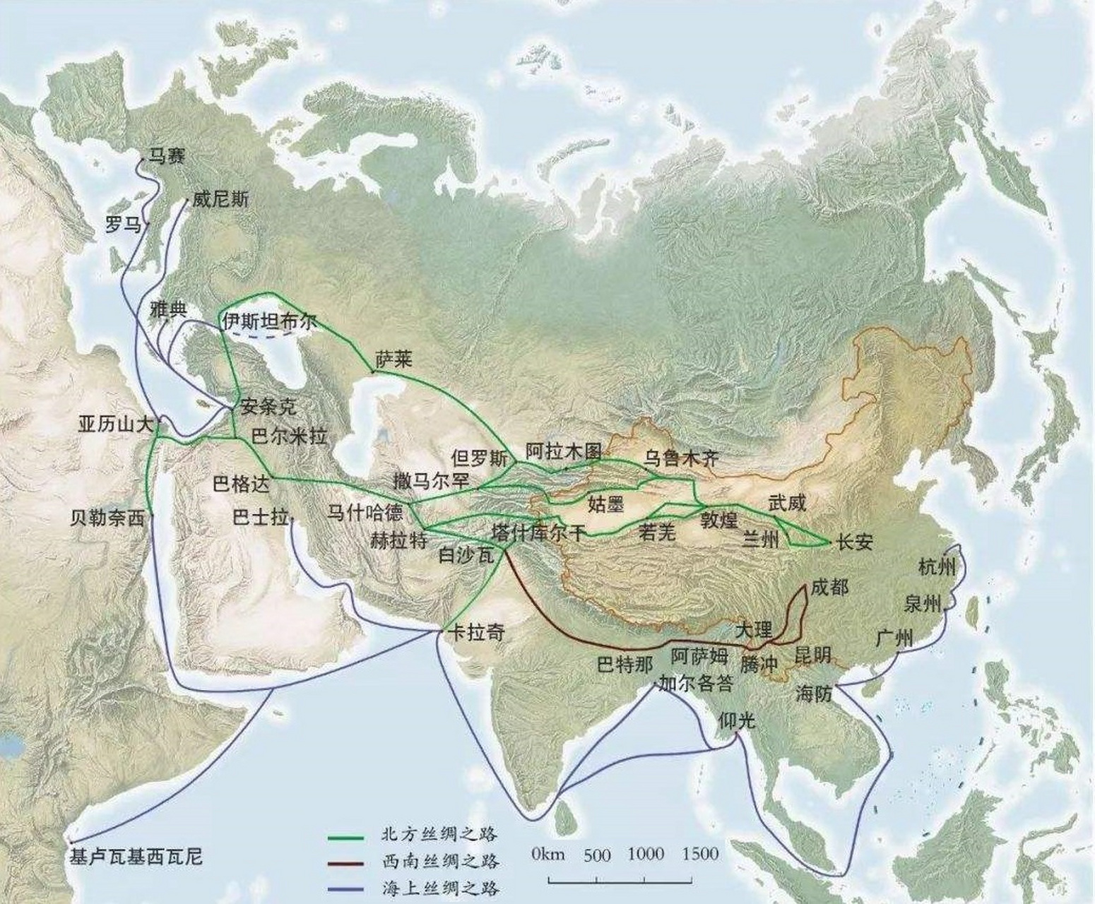 古代丝绸之路示意图与路线解析